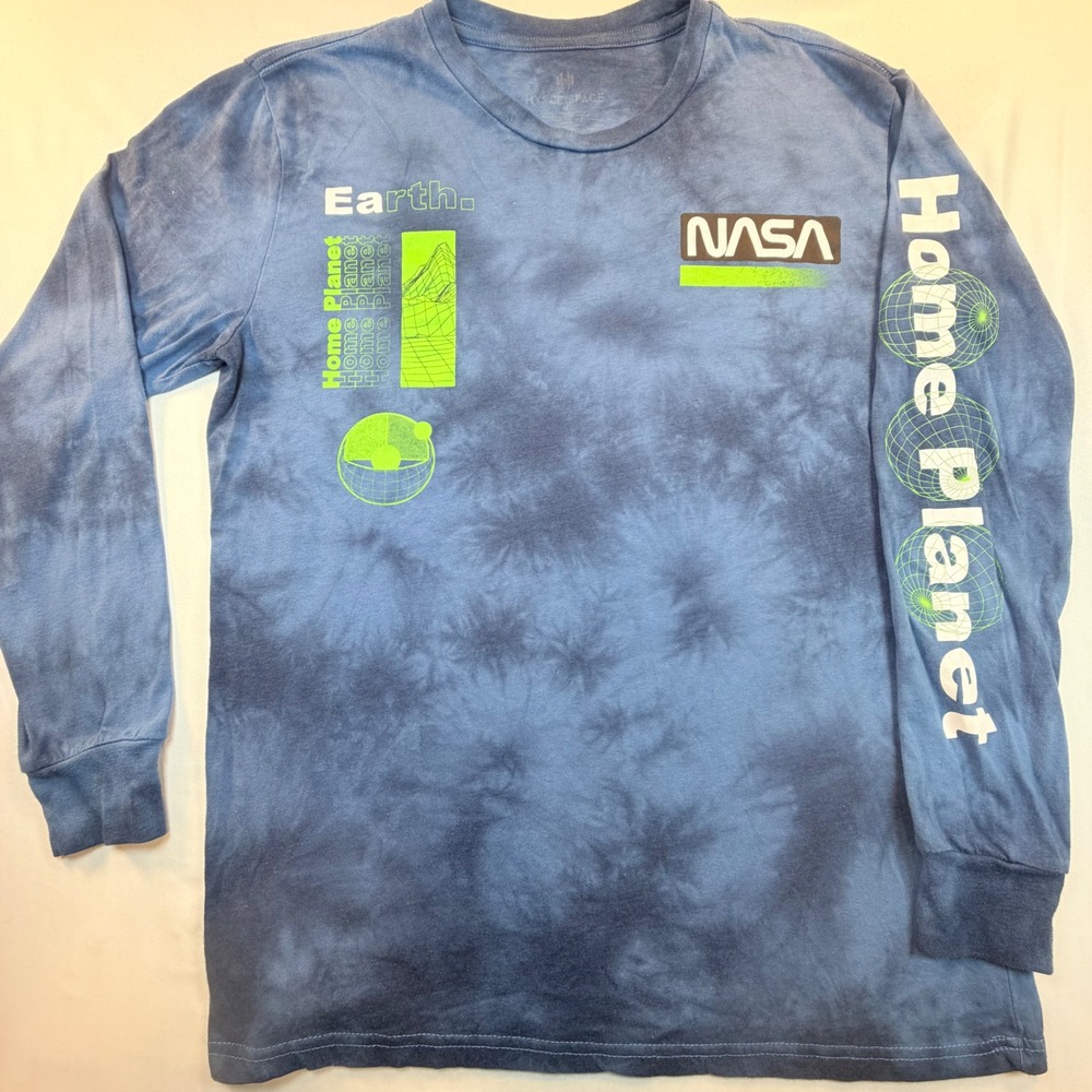 NASA Home Planet Long Sleeve Shirt Mens Medium Blue Tie Dye Graphic Tee